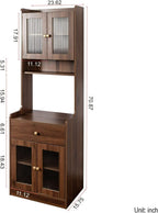 Kitchen Pantry Cabinet with Hutch, Walnut Farmhouse Storage Buffet Sideboard, Coffee Bar Station with Drawer & Glass Doors for Dining Room, Kitchen, Living Room, 70.87" Tall