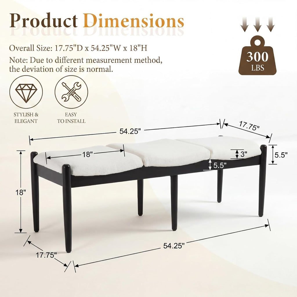 CIMOTA Modern Linen End of Bed Bench, Upholstered Bedroom Ottoman Bench Entryway Bench for Hallway/Dress Room/Living Room, Window Ottoman Bench with Solid Wood Legs, 54 Inch Long, White