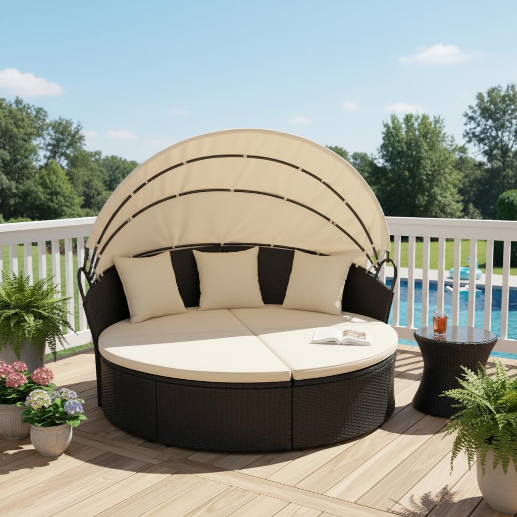 Tangkula Outdoor Patio Round Daybed with Retractable Canopy, Black Rattan Wicker Furniture Sectional Seating with Cushions and Throw Pillows, Seating Separates Cushioned Seats for Backyard (Brown)