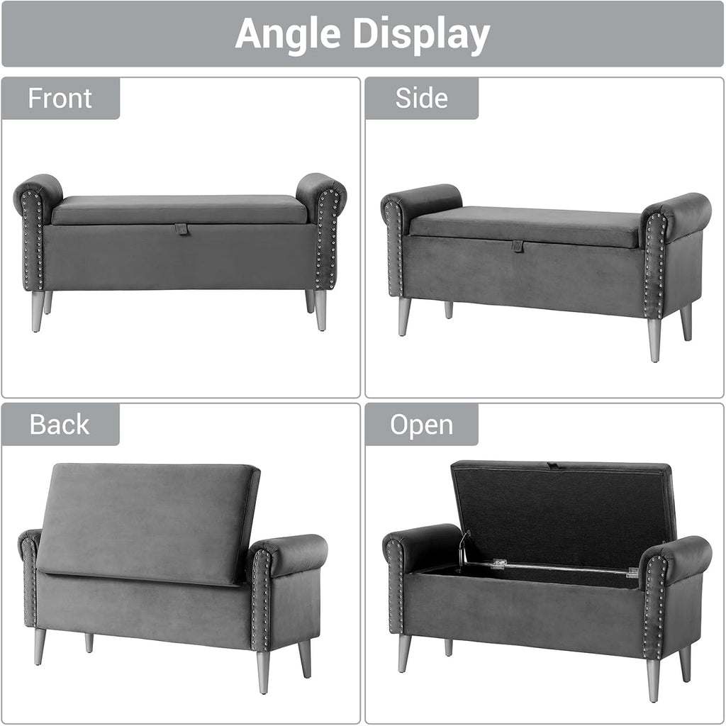 Storage Bench for Bedroom- Grey Velvet Bench with Storage 47" | Featuring Rolled Arms Decorative Nailhead Trim Safety Hinge Large Storage Space for Living Room, Entryway Pet Friendly