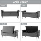 Storage Bench for Bedroom- Grey Velvet Bench with Storage 47" | Featuring Rolled Arms Decorative Nailhead Trim Safety Hinge Large Storage Space for Living Room, Entryway Pet Friendly