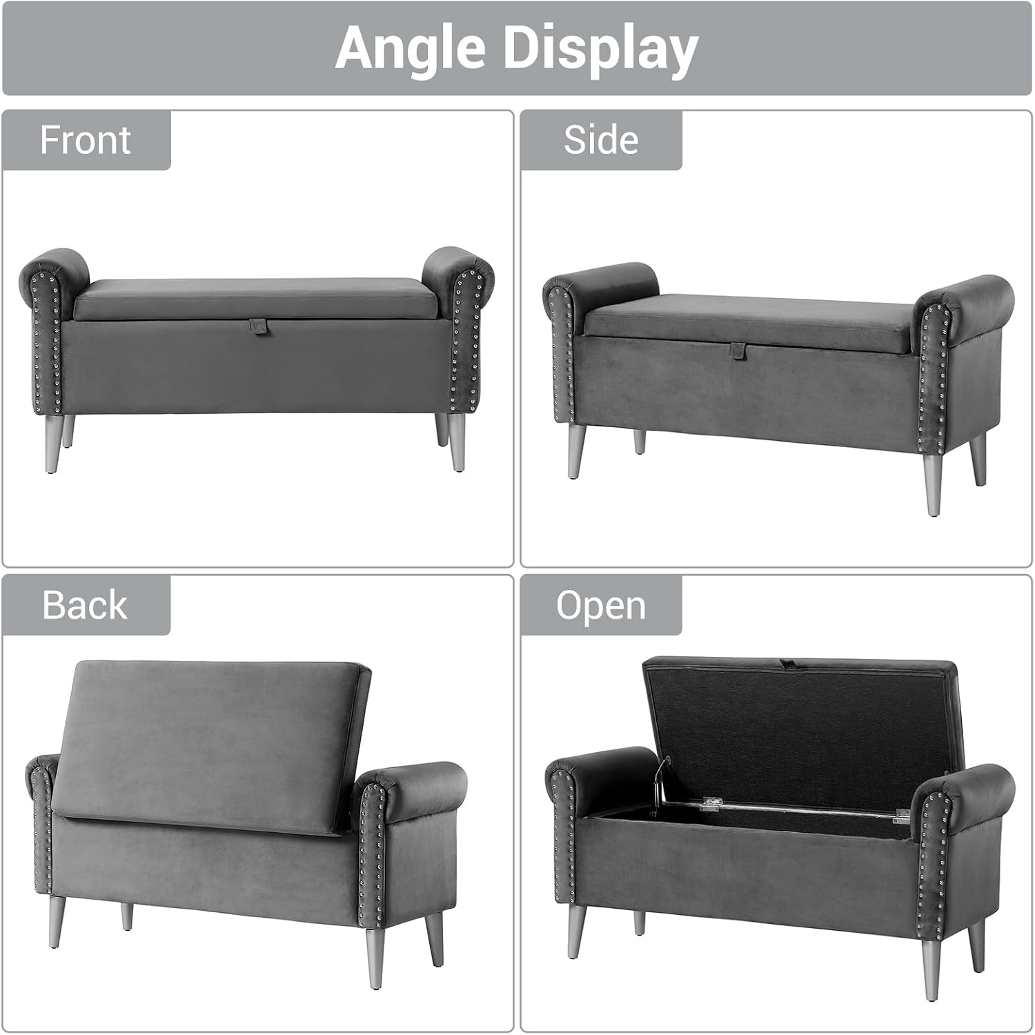 Storage Bench for Bedroom- Grey Velvet Bench with Storage 47" | Featuring Rolled Arms Decorative Nailhead Trim Safety Hinge Large Storage Space for Living Room, Entryway Pet Friendly