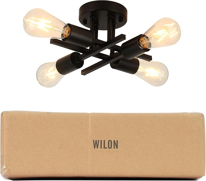 WILON Semi Flush Mount Ceiling Light Fixture, 4-Light Industrial Black Ceiling Light, Modern Sputnik Chandelier Small Ceiling Lamp for Kitchen Bedroom Living Room Dining Bathroom Laundry Hallway