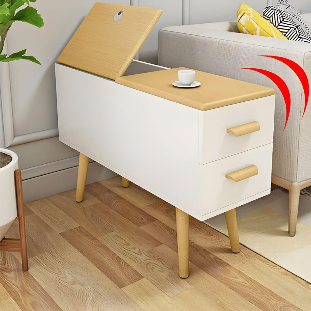 Modern Side Table with Drawers - Wood Home Office Storage End Table, 2-Tone Natural Wood/White Finish