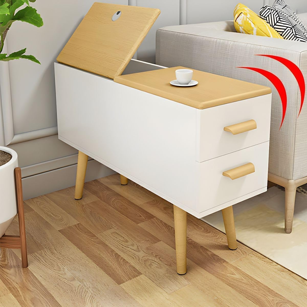 Modern Side Table with Drawers - Wood Home Office Storage End Table, 2-Tone Natural Wood/White Finish