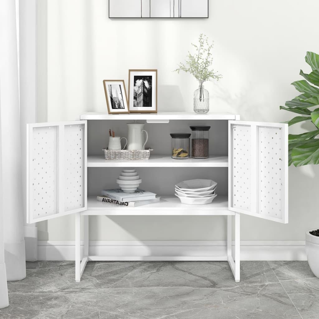 White Steel Sideboard with Adjustable Levelers, Modern Rectangular Storage Cabinet for Living Room and Dining Room, Sturdy Powder-Coated Steel Construction, Sleek Minimalist
