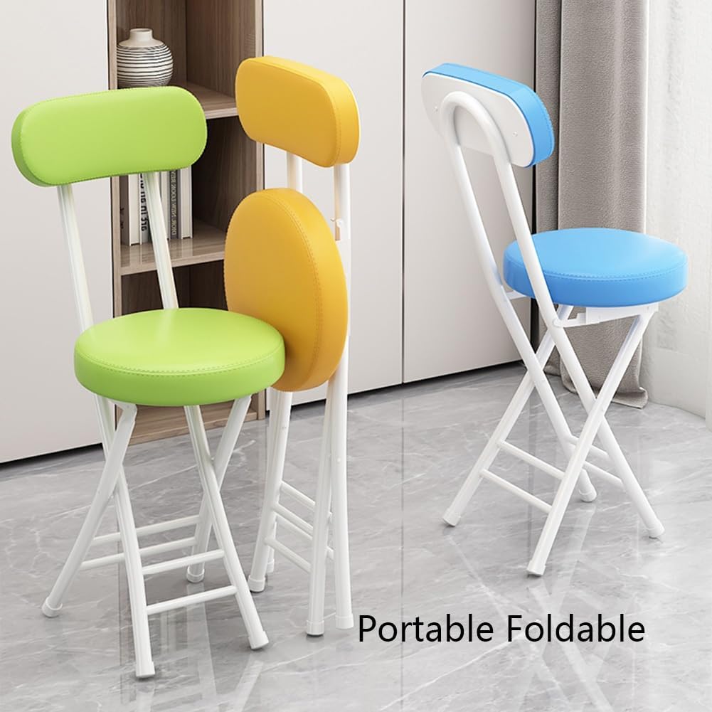 Folding Stool with Backrest, Cushioned Padded Leather Round Portable Foldable Bar Stool Chair for Kitchen(Brown)