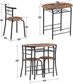 VINGLI 3 Piece Dining Set, Small Kitchen Table Set for 2, Breakfast Table Set, Kitchen Wooden Table with 2 Chairs for Small Space/Dining Room/Apartment, Metal Frame, Wine Rack, Burnt Brown