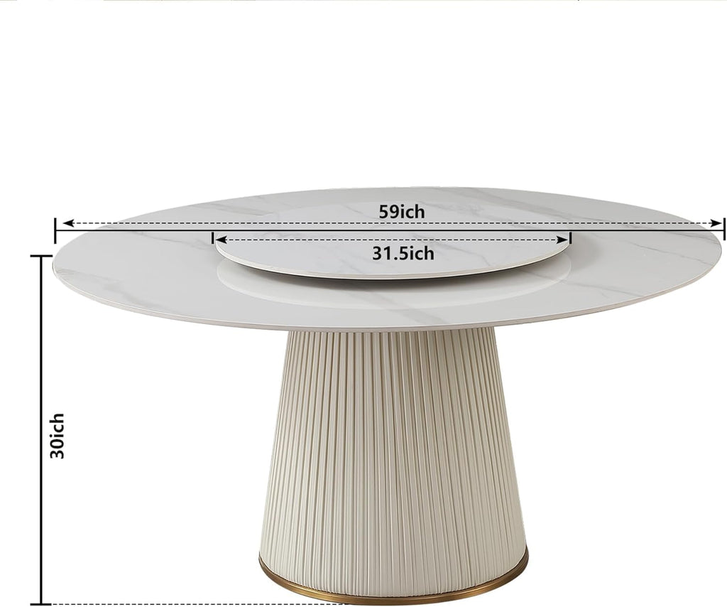 Round Marble Dining Table, Dining Table Faux Marble Stone Top Dining Room Set for 6-8 (White Tabletop, 59in Only Table with Lazy Susan)