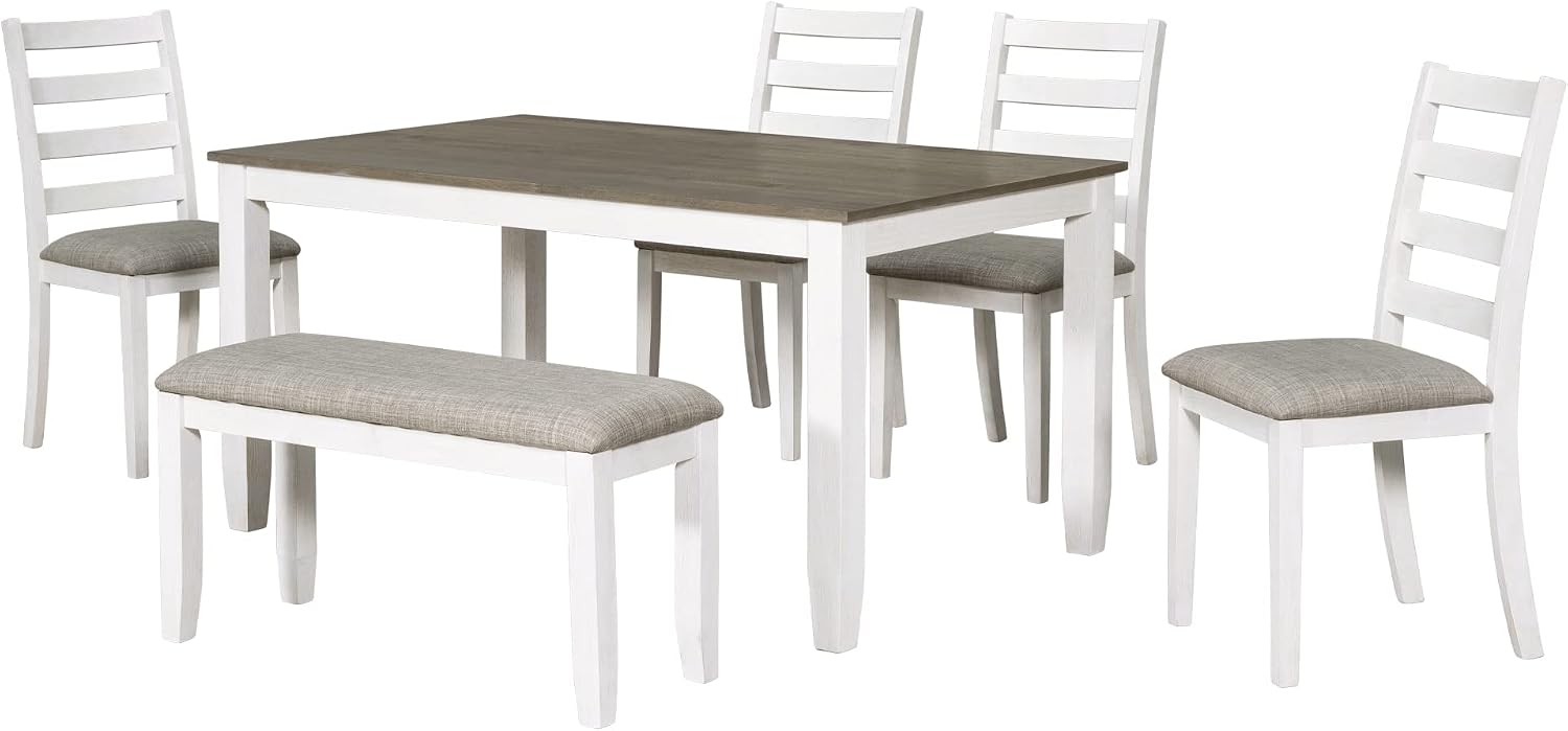 Harper & Bright Designs Rustic 6-Piece Dining Set with Table, 4 Upholstered Chairs & Bench | Farmhouse Kitchen Table Set for Dining Room (Brown + Whitewash)