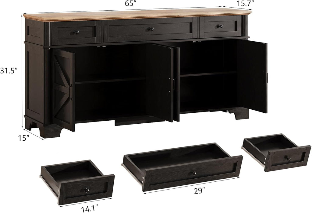 BestHaped 65 Inch Farmhouse Buffet Cabinet with Storage, Black Sideboard Buffet Cabinet with Adjustable Shelves & 3 Drawers, Buffet Table Coffee Bar Wine Bar Storage for Kitchen & Living Room