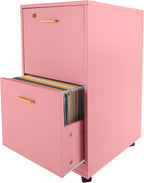 Lavish Home 2-Drawer Wooden File Cabinet with Lock, Pink, 16” x 27” | Rolling Filing Organizer with Deep Drawer Storage for Under the Desk, Home, or Office