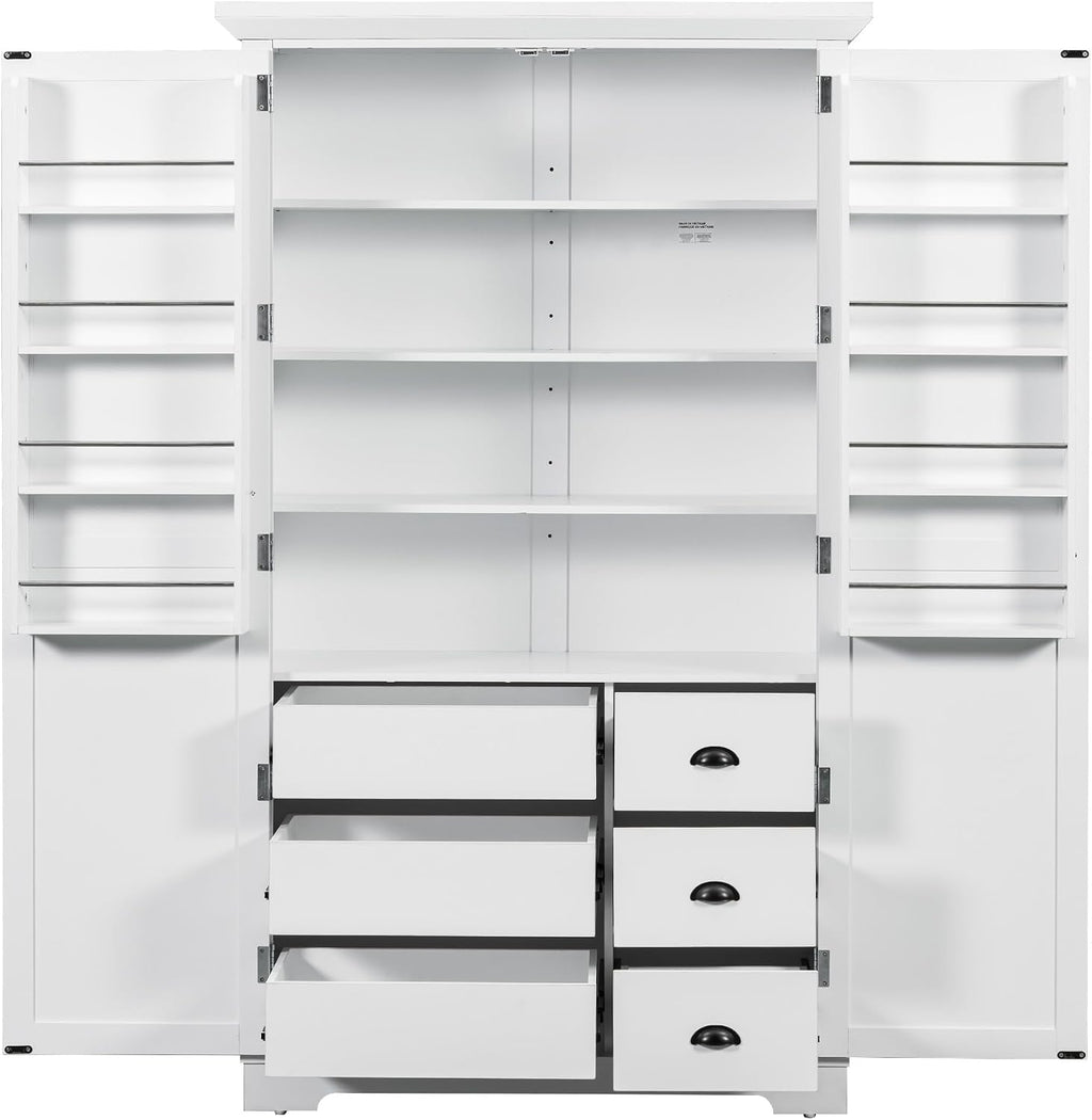 72''H Farmhouse Kitchen Pantry Cabinet, Freestanding Kitchen Pantry with Door Shelves, Adjustable Shelves, and 6 Drawers, Large Cupboard for Dining Room Living Room, White