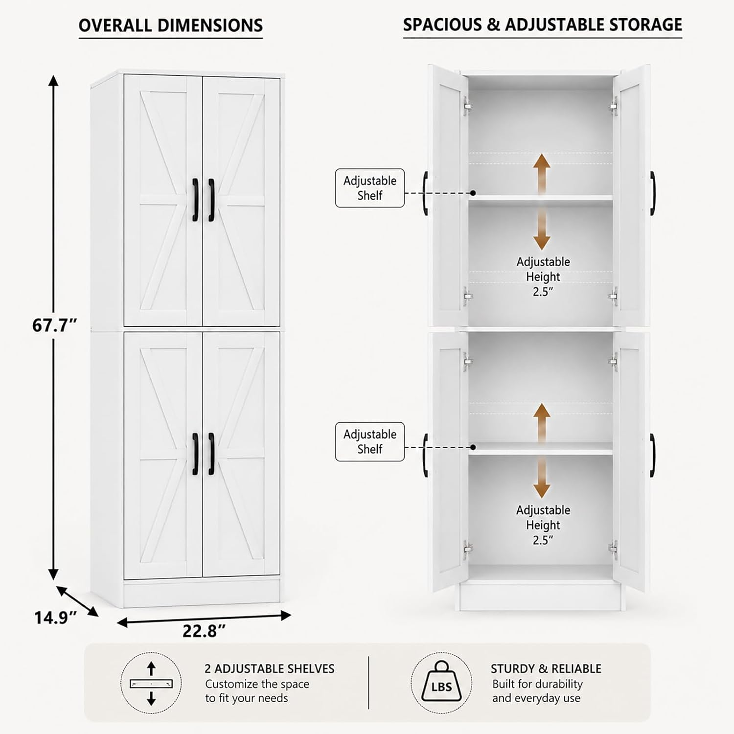 Kitchen Pantry Storage Cabinet, 68" Tall White Food Pantry Cabinet with Doors and Adjustable Shelves, Freestanding Farmhouse Storage Cabinet for Kitchen, Dining Room, Bathroom, Laundry Room (White)