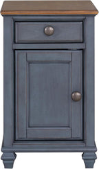 Bridgevine Home Americana 14” Chairside Table – Narrow Farmhouse End Table with Drawer & Cabinet Storage, Fully Assembled Accent Table, Corduroy Blue Finish, Antique Pewter Hardware