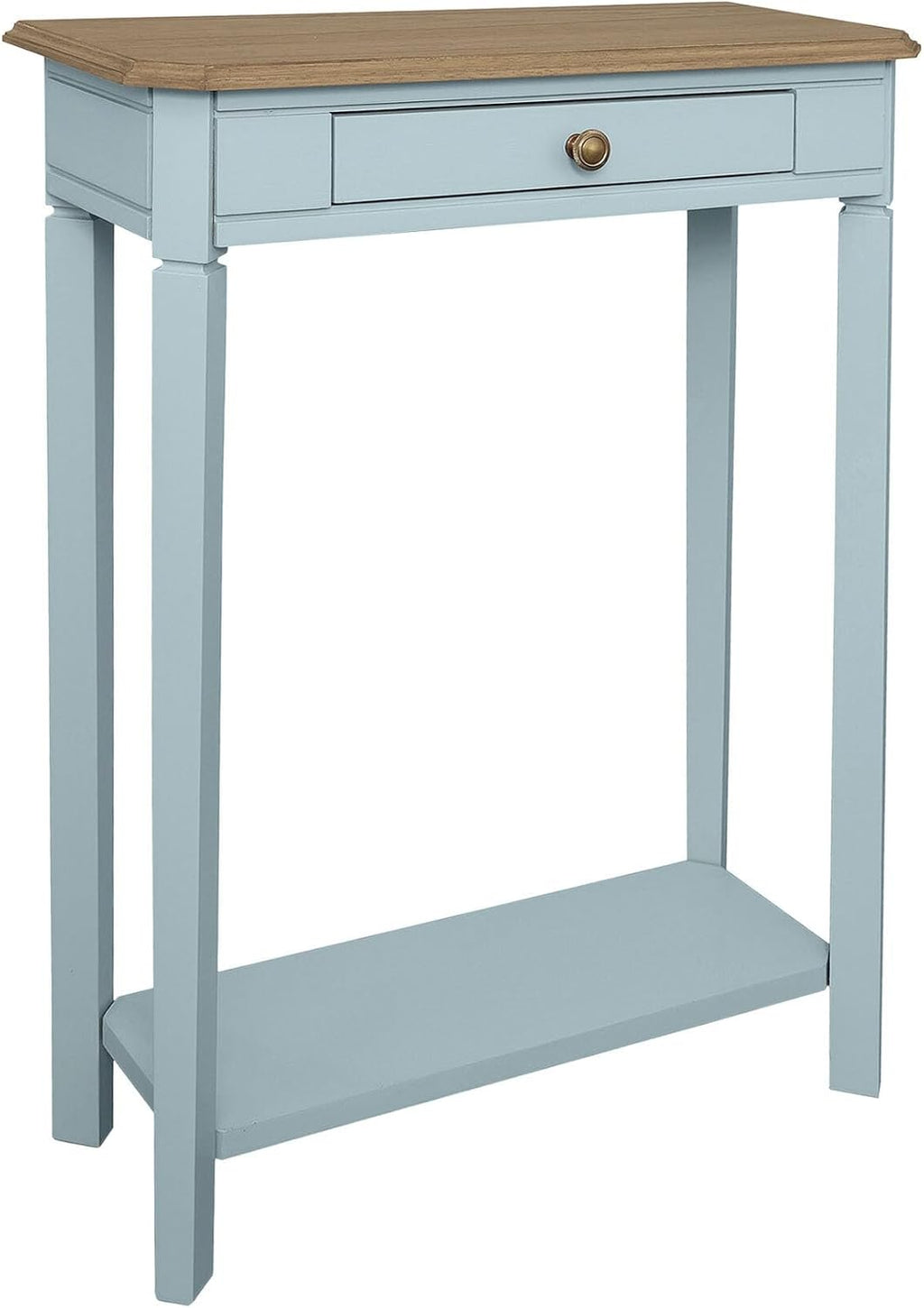 East at Main Marnie Blue Narrow Console Table for Entryway with Drawer | 23.75-inch slim hallway table with lower shelf, powder blue and natural wood finish, coastal furniture for small spaces