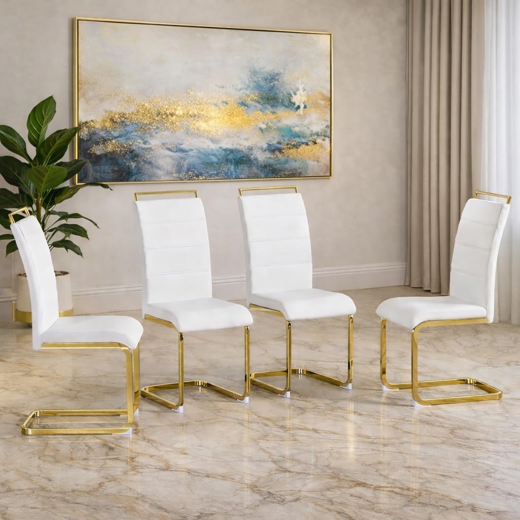 Dining Chairs Set 4, Armless White Kitchen Chairs, Waterproof Faux Leather Dinner Chairs with Upholstered Seat, Side Chairs with Black Metal Frame for Kitchen Dining Room