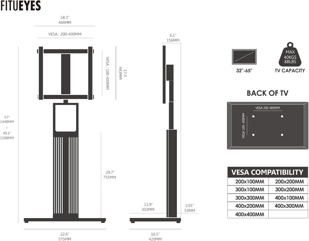 FITUEYES Floor TV Stand for 32-65" TV with Hidden Back Storage,Morandi Grey | Height Adjustable, Wood TV Stand Swivel, Scandinavian Style, Tall TV Stand for Home Decor with Reinforced Base, Zen Series