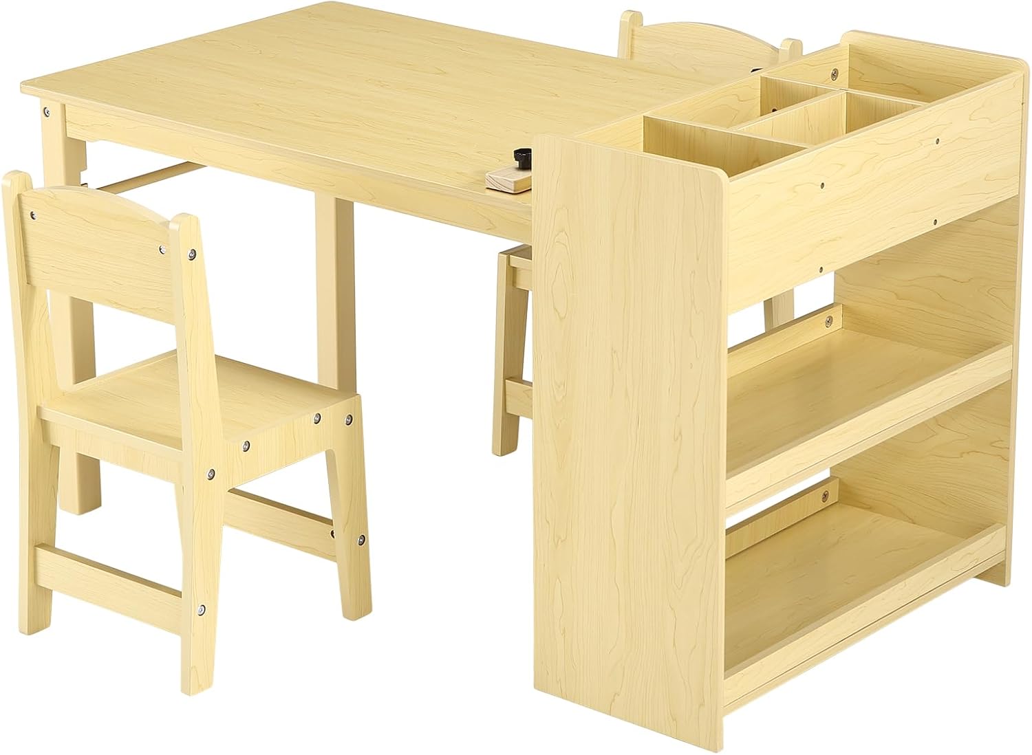 Kids Art Table with 2 Chairs, Toddler Craft Desk with Large Shelves Storage for Drawing & Writing, Activity Craft Table, with Paper Roller Wooden Furniture for Ages 2-10