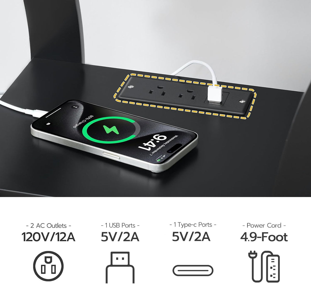 MAHANCRIS Black End Table with Charging Station, Skinny Side Table with USB Ports and Outlets, Nightstand, 3 Tier Bedside Table with Storage Shelf for Living Room, Bedroom, Small Space, ETBK53E01