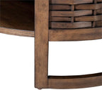 Pemberly Row 3 Piece Round Cocktail and End Table Set, Brown Oak Finish, Rubberwood and Oak Veneer, Basketweave Design, Compact Living Room Furniture Set, Includes Round Coffee Table and 2 End Tables