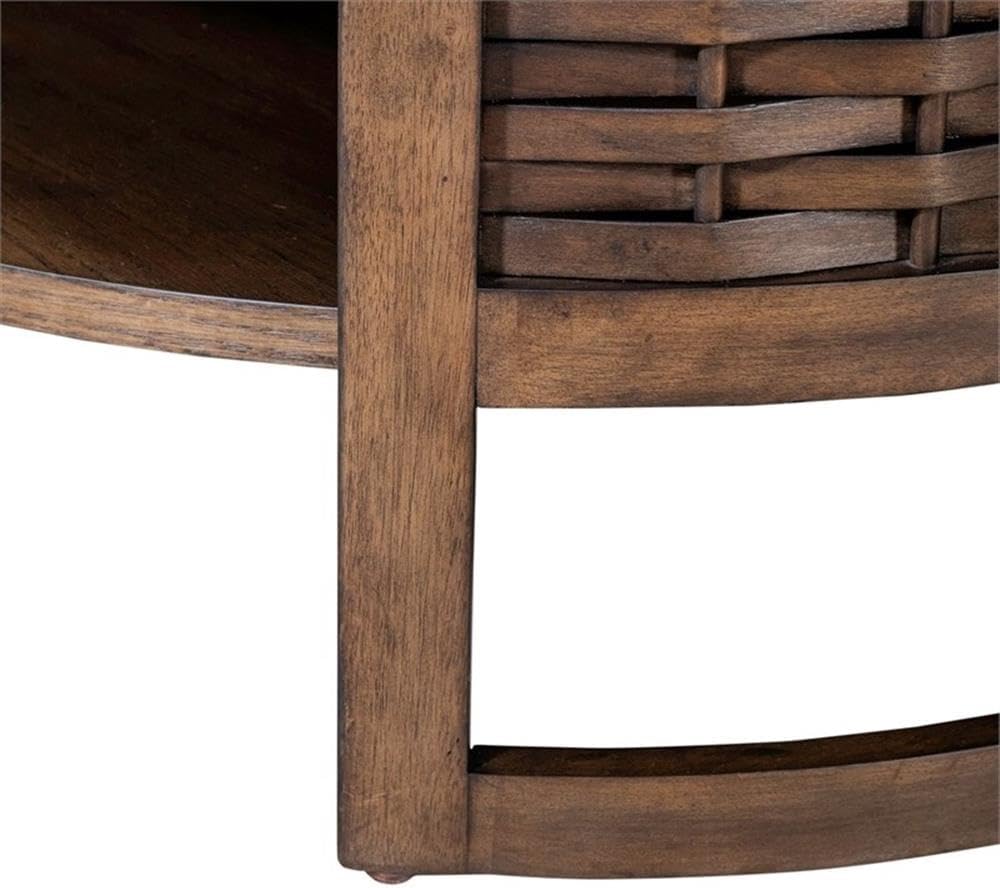 Pemberly Row 3 Piece Round Cocktail and End Table Set, Brown Oak Finish, Rubberwood and Oak Veneer, Basketweave Design, Compact Living Room Furniture Set, Includes Round Coffee Table and 2 End Tables