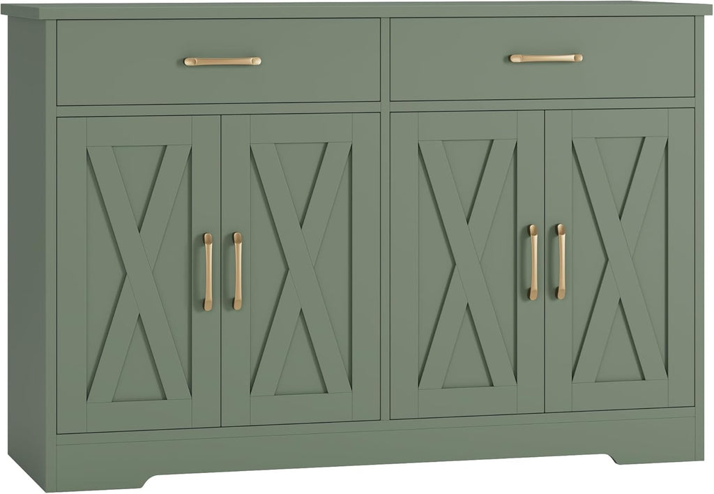 HOSTACK Buffet Cabinet with Storage, 47.2" Kitchen Sideboard Buffet with Drawers, Modern Farmhouse Coffee Bar Station with Shelves, Barn Doors Storage Cabinet for Living Room, Green
