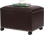 Joveco Leather Storage Ottoman with 360° Caster Wheels 24" Foot Rest Bench Rectangle Ottomans Stool for Living Room Bedroom (Brown, Wheels)