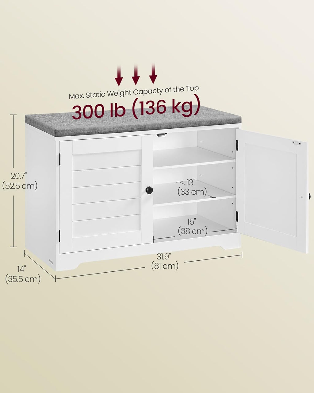 VASAGLE 3-Tier Shoe Storage Bench with Cushion, 14 x 31.9 x 20.7 Inches | Doors, Adjustable Shelves, for Hallway, Bedroom, Cloud White and Dove Gray, SOFIE Collection ULSB034W01