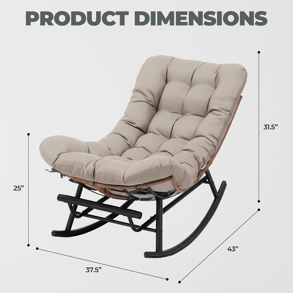 COMHOMA Outdoor Rocking Papasan Chair, Oversized Wicker Patio Rocker, Indoor Comfy Wicker Reading Lounge, Bed-Like Comfort Egg Chair for Bedroom,Balcony, Porch, Garden, Brown