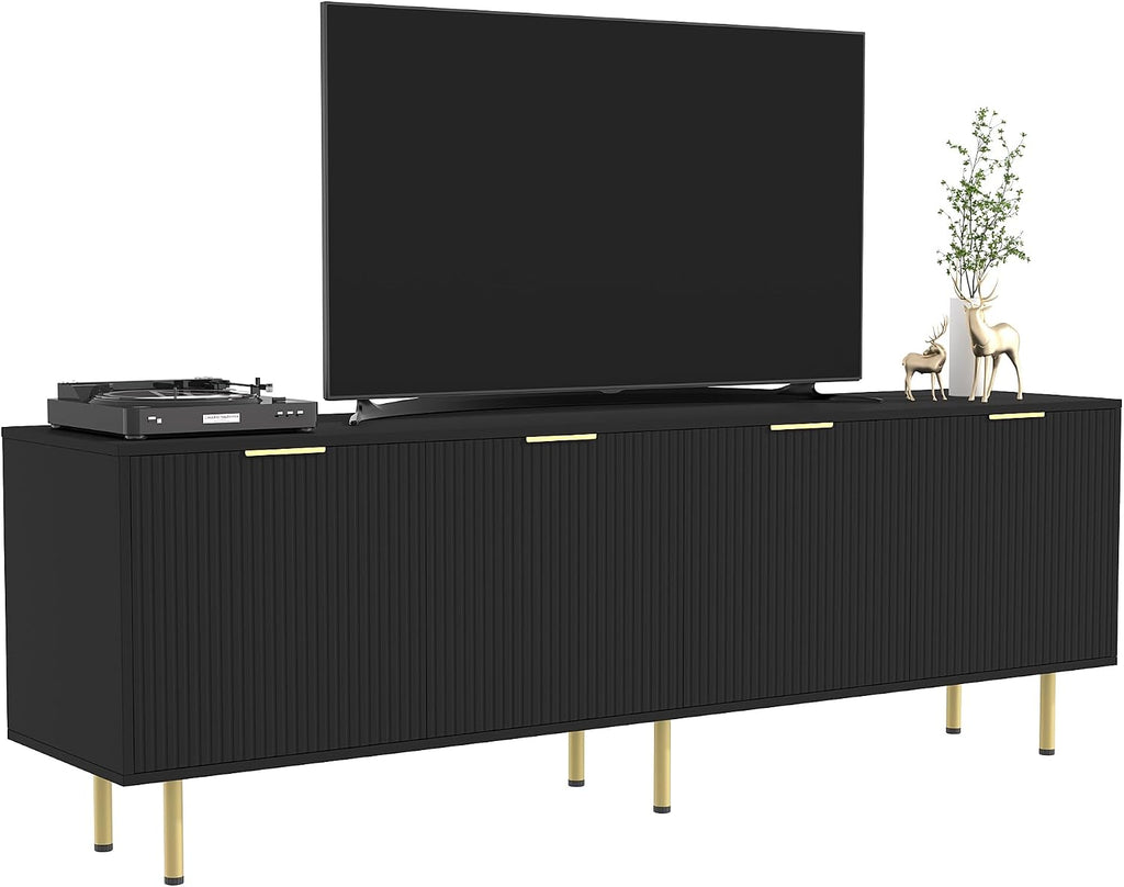 TV Stand for 80 Inch TV, Fluted TV Stand for Living Room, Mid Century Modern TV Stand with Adjustable Shelf, TV Entertainment Center with Storage for Bedroom, 70Inch, Black