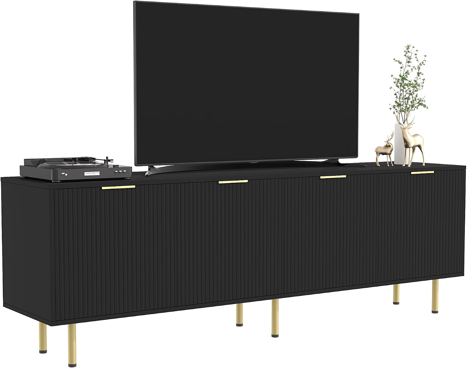 TV Stand for 80 Inch TV, Fluted TV Stand for Living Room, Mid Century Modern TV Stand with Adjustable Shelf, TV Entertainment Center with Storage for Bedroom, 70Inch, Black