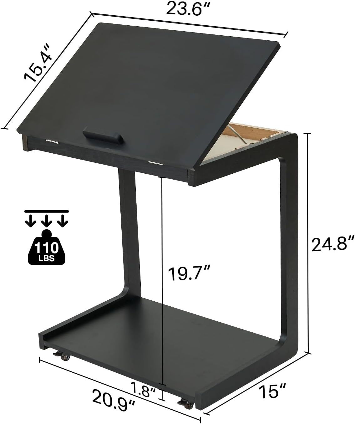 C-Shaped End Table with Wheels - Rolling Side Table for Couch, Solid Wood Modern Adjustable Angles Tv Tray Sofa Tables for Living Room, Bedroom, Home Office, Black, 15.4"D x 23.6"W x 24.8"H