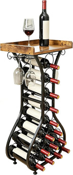 Wine Rack Freestanding Floor, Freestanding Wine Racks with 14 Bottles Wine Glass Holder, Mini Bar Wood Tabletop Wine Storage, Small Wine Cabinet for Home Bar Kitchen Dining Room