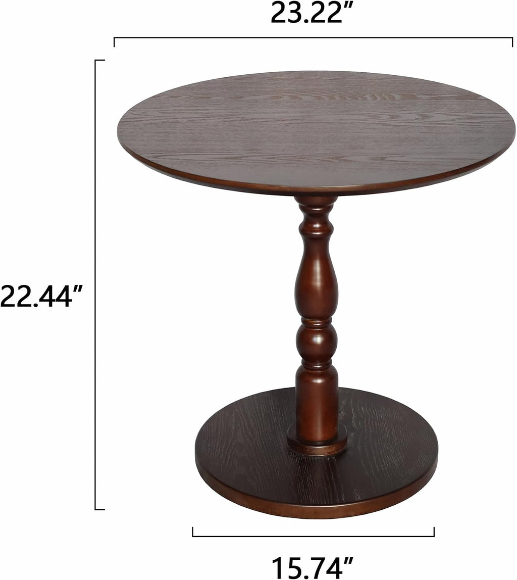 Round Side Table with Pedestal Base, 23.22" Wooden End Table, Coffee Table for Snacks & Drinks Living Room, Bedroom, Balcony (Walnut Dark Brown)