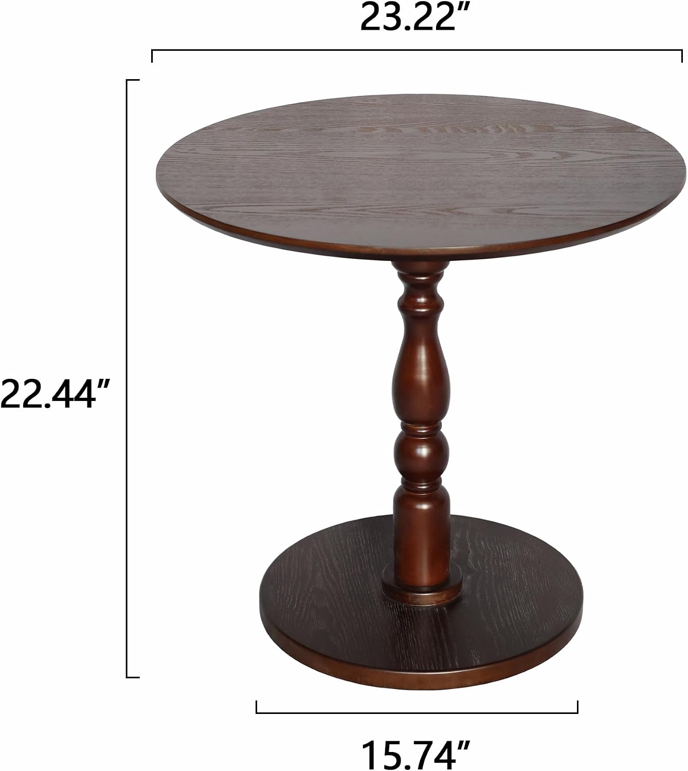 Round Side Table with Pedestal Base, 23.22" Wooden End Table, Coffee Table for Snacks & Drinks Living Room, Bedroom, Balcony (Walnut Dark Brown)