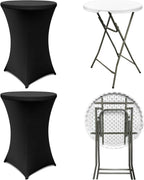 2 Sets 32" High Top Round Folding Cocktail Tables White Bar Height with Removable Legs & 32"x43" Spandex Stretch Black Table Covers Hightop Table for Outdoor Indoor Wedding Parties