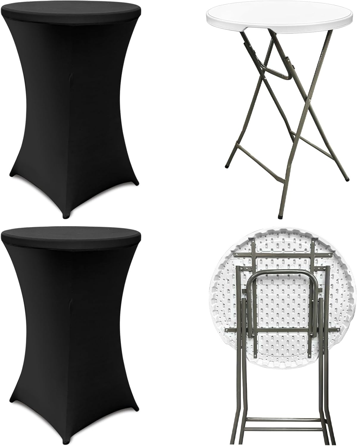 2 Sets 32" High Top Round Folding Cocktail Tables White Bar Height with Removable Legs & 32"x43" Spandex Stretch Black Table Covers Hightop Table for Outdoor Indoor Wedding Parties