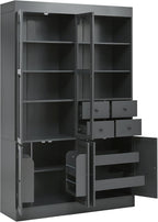 Freestanding Kitchen Pantry Cabinet with Drawers, Shelves, Gray | Freestanding tall buffet with 4 drawers, door shelves, pull-out trays, 47.2x15.7x75 inches, gray finish, for dining room