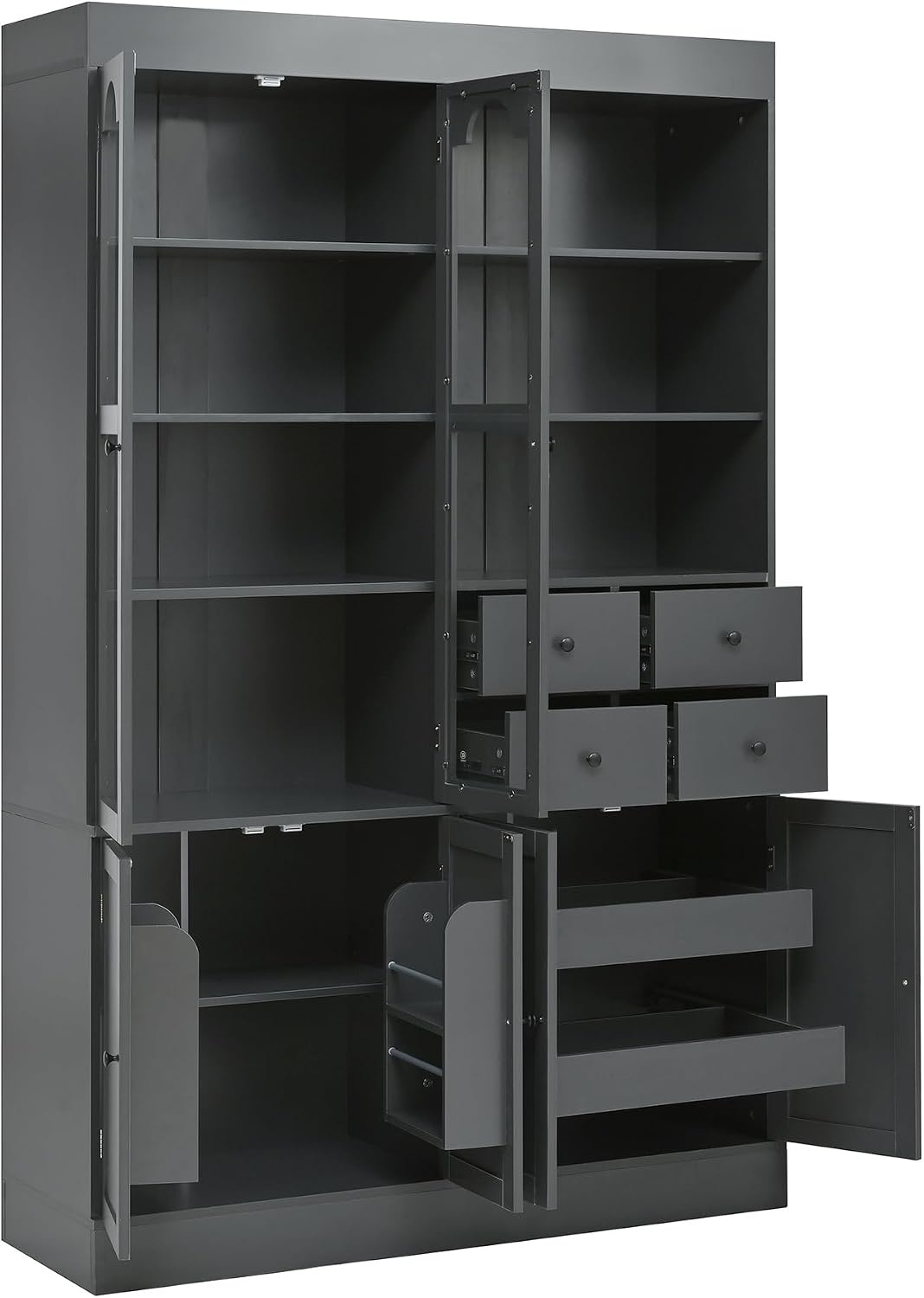 Freestanding Kitchen Pantry Cabinet with Drawers, Shelves, Gray | Freestanding tall buffet with 4 drawers, door shelves, pull-out trays, 47.2x15.7x75 inches, gray finish, for dining room
