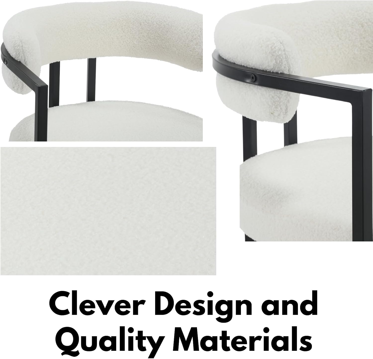 Barrel Dining Chairs Set of 2, White Boucle | Soft Boucle Upholstered Modern Dining Chairs, Ergonomic Curved Backrest, Black Metal Frame, Armchair, Kitchen Living Room