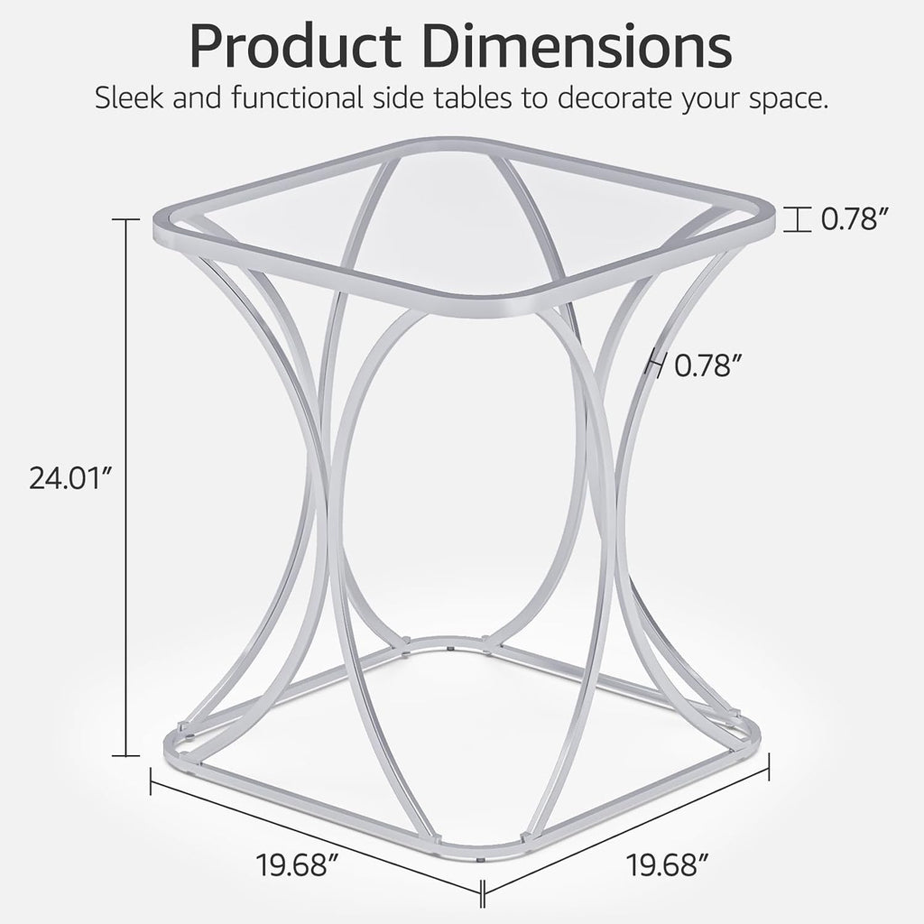 19.68" Square End Table with Tempered Glass Top, Stylish X-Shaped Metal Frame, Living Room Coffee Table, Sofa Side Table, Accent Tables for Small Spaces, Modern Bedside Table (Silver)
