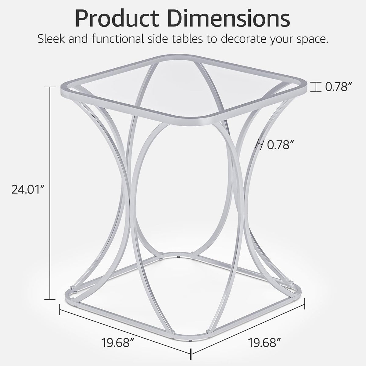 19.68" Square End Table with Tempered Glass Top, Stylish X-Shaped Metal Frame, Living Room Coffee Table, Sofa Side Table, Accent Tables for Small Spaces, Modern Bedside Table (Silver)