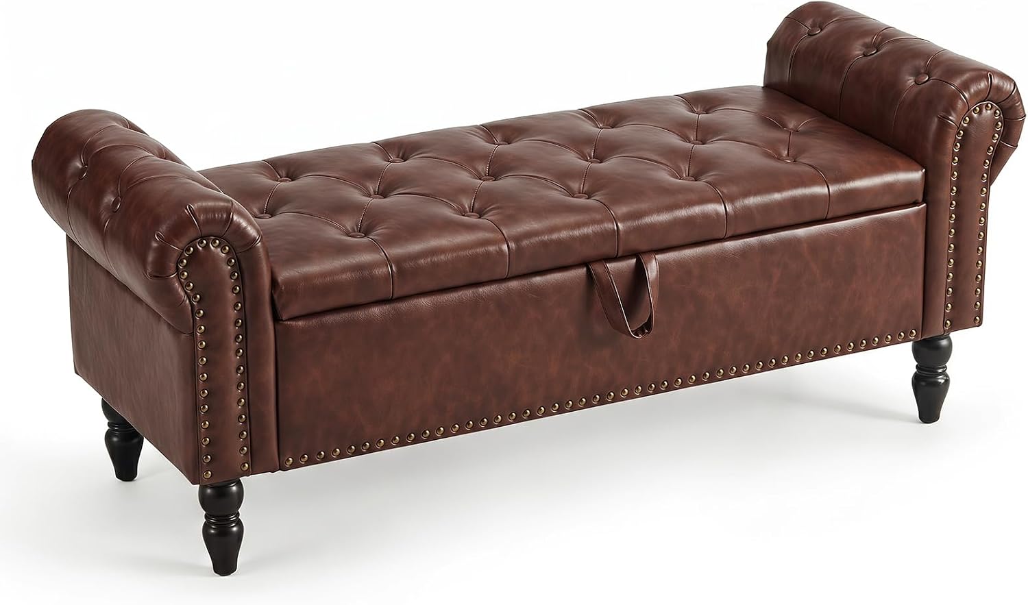 Furniliving 51” End of Bed Storage Bench, Bedroom Bench with Button-Tufted, Upholstered Storage Ottoman Benches Window Bench with Storage, Leather Bench for Living Room, Entryway, PU, Darkbrown