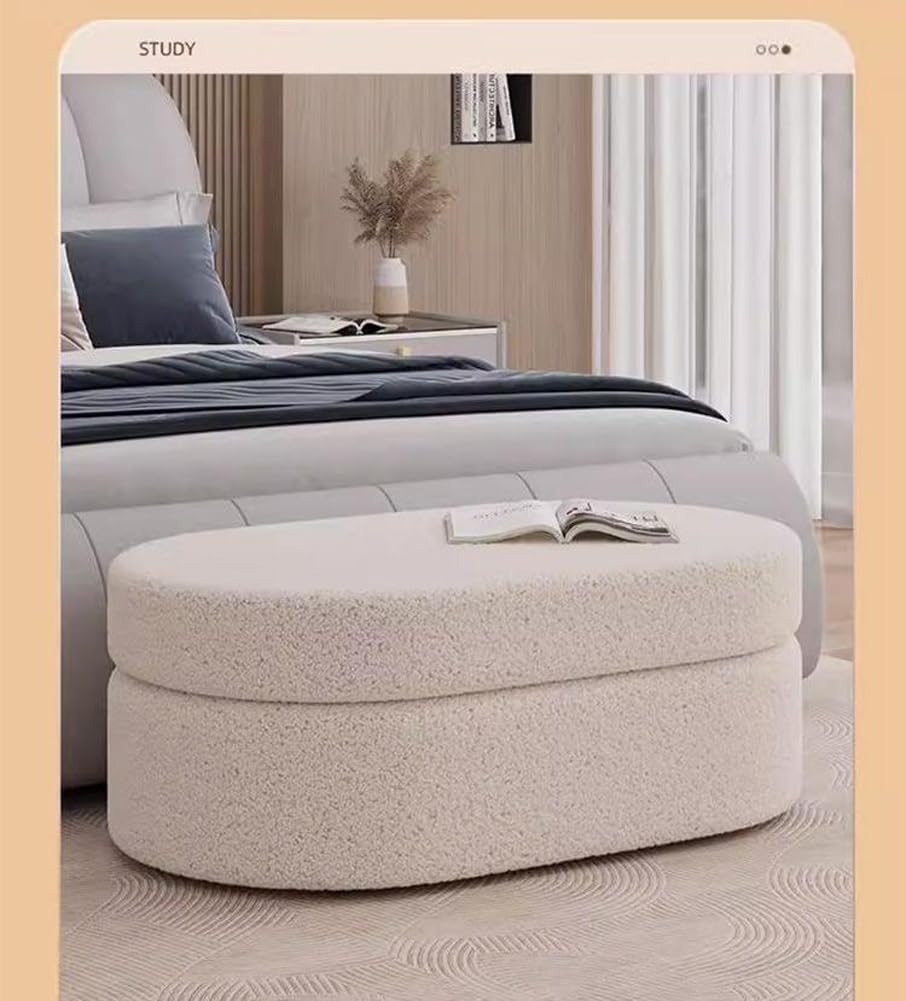 Oval Ottoman with Storage,Fleece Fabric Bed End Stool,Upholstered Padded Seat with Large Storage Space,Shoes Changing Stool for Entryway (Pink)