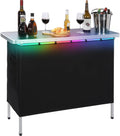43" Long Portable Bar Table with Remote-Controlled Multi-Color LED Lights, Foldable Mobile Bartender Table for Party, 43"x33"x15" Storage Shelf, Waterproof MDF Top & Removable Skirt (Black)