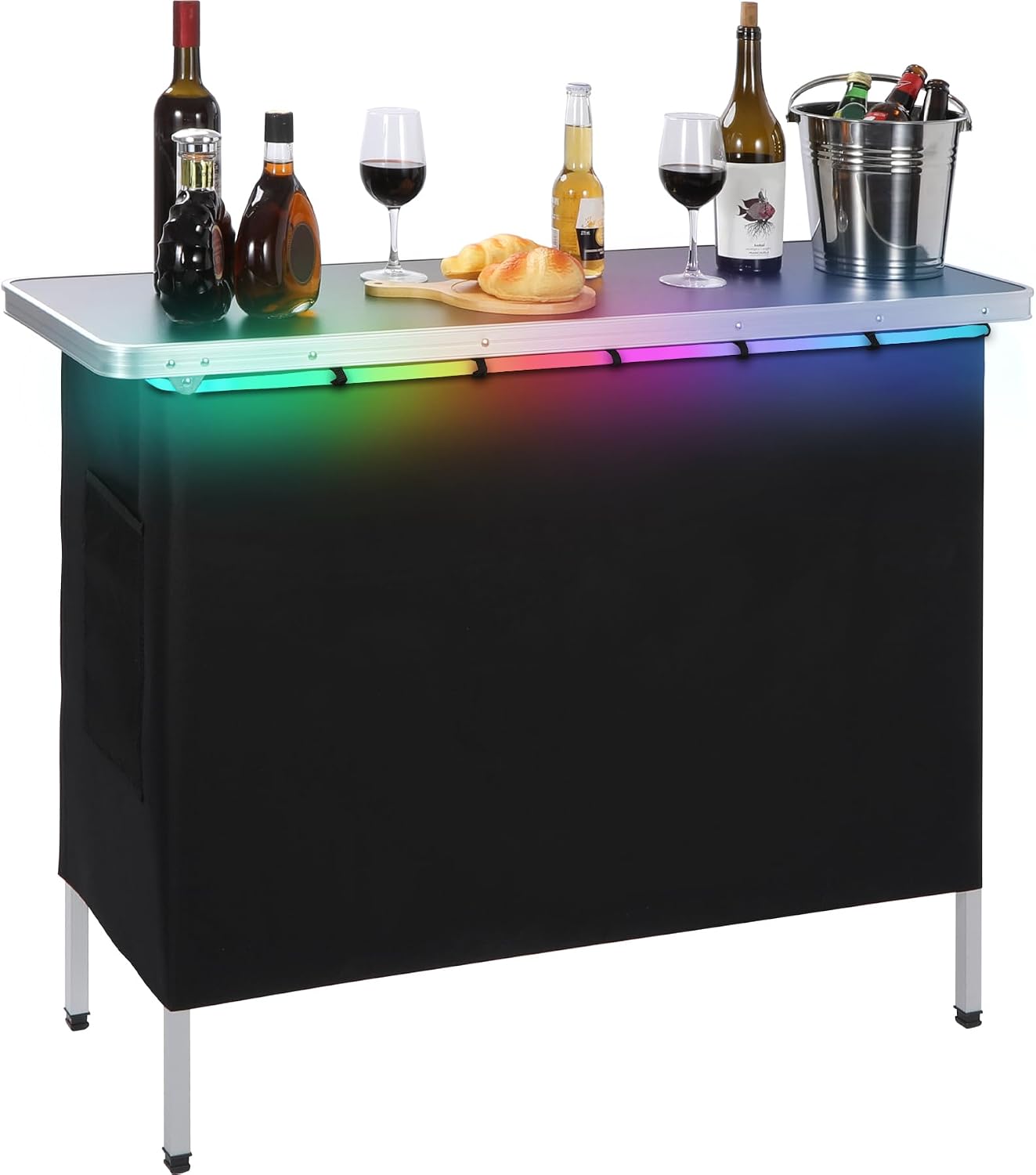 43" Long Portable Bar Table with Remote-Controlled Multi-Color LED Lights, Foldable Mobile Bartender Table for Party, 43"x33"x15" Storage Shelf, Waterproof MDF Top & Removable Skirt (Black)