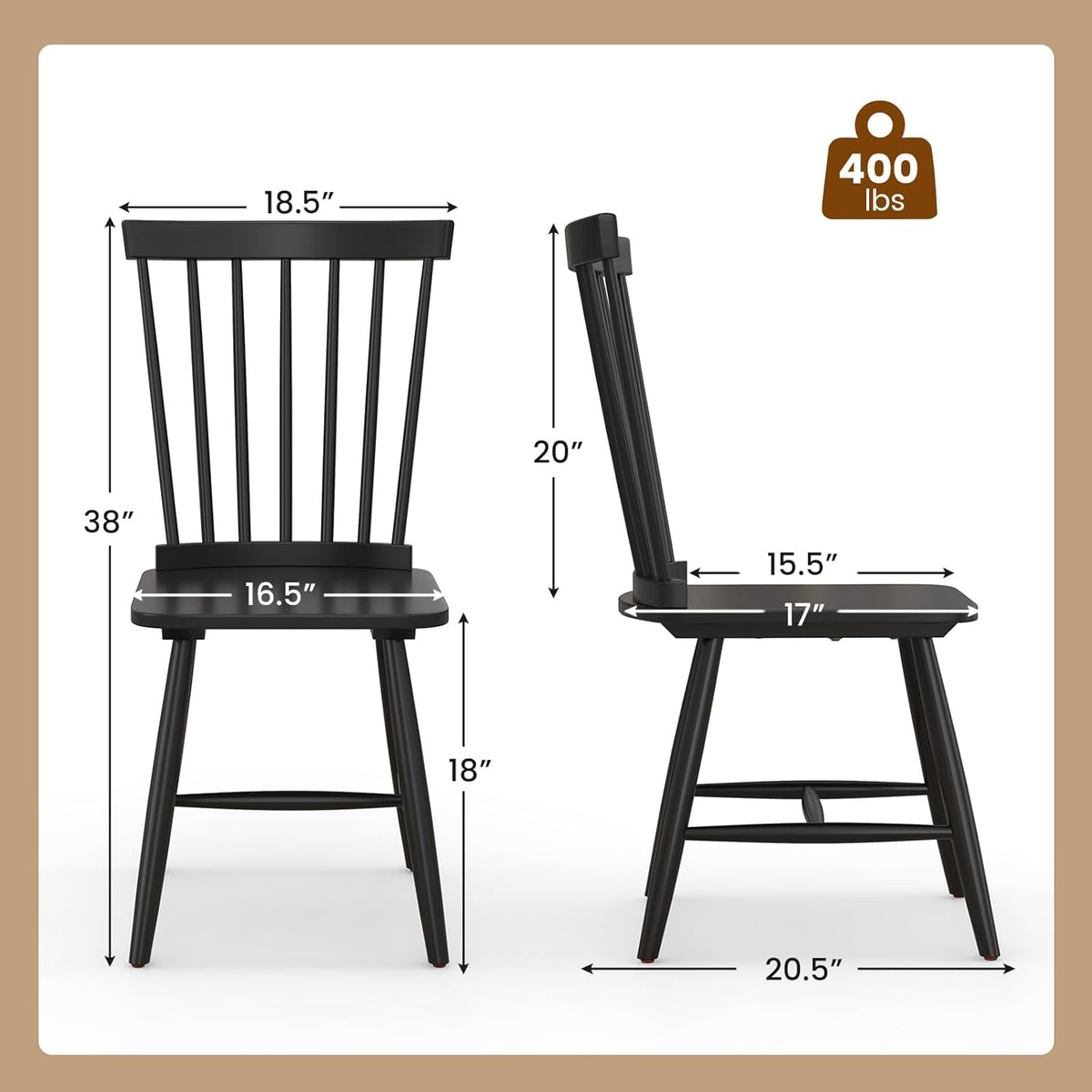 KOTEK Windsor Dining Chairs Set of 4, Wooden Kitchen Chairs with Spindle Back & Wide Seat, 400 LBS Weight Capacity, Armless Side Chairs for Dining Room, Living Room