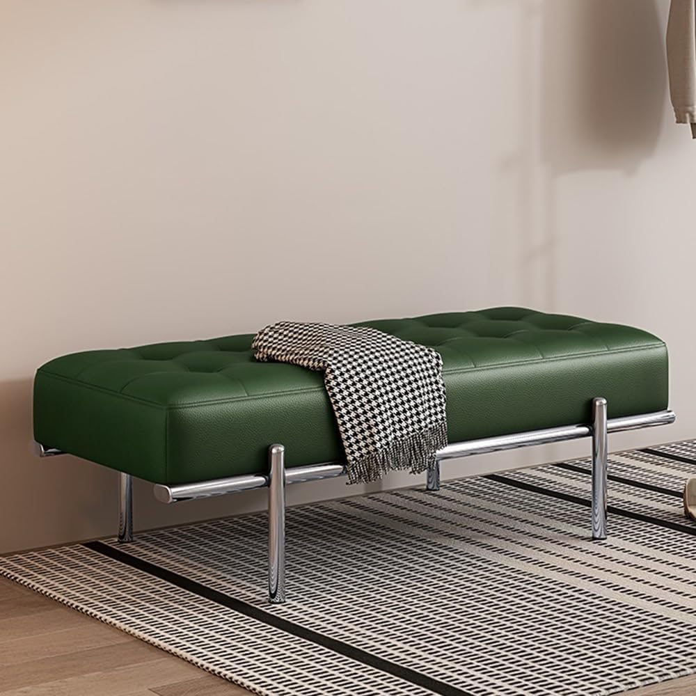 Modern Bed End Stool Shoe-Changing Bench Stainless Steel Long Leather Minimalist Bedside Entryway(Brown,Medium)
