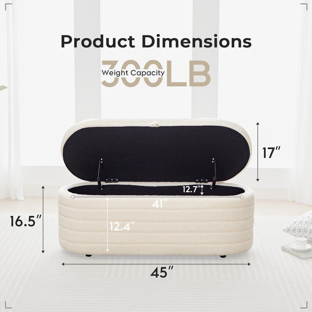 Storage Ottoman Bench End of Bed for Bedroom,45 inch Boucle Upholstered Entryway Shoe Seat Bench w/ Storage,Sherpa Modern Cute Padded Blanket Chest Stool Foot Rest for Living Room,Off-White